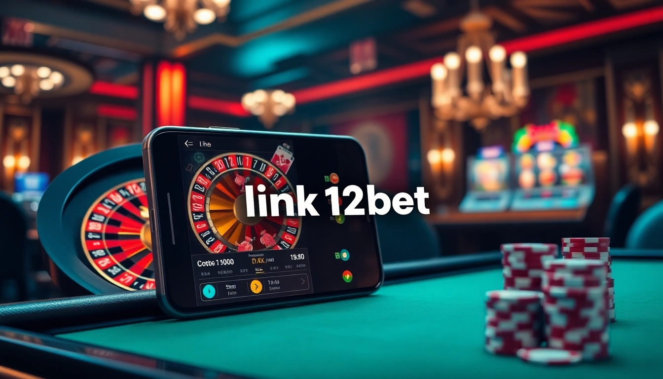 Engaging smartphone display featuring link 12bet within a lively casino scene.