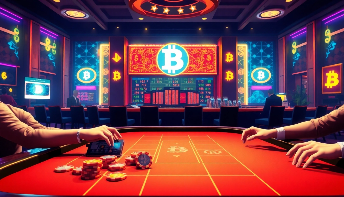 Des joueurs utilisant casino crypto dans une atmosphère de casino luxueux, intégrant des éléments numériques.