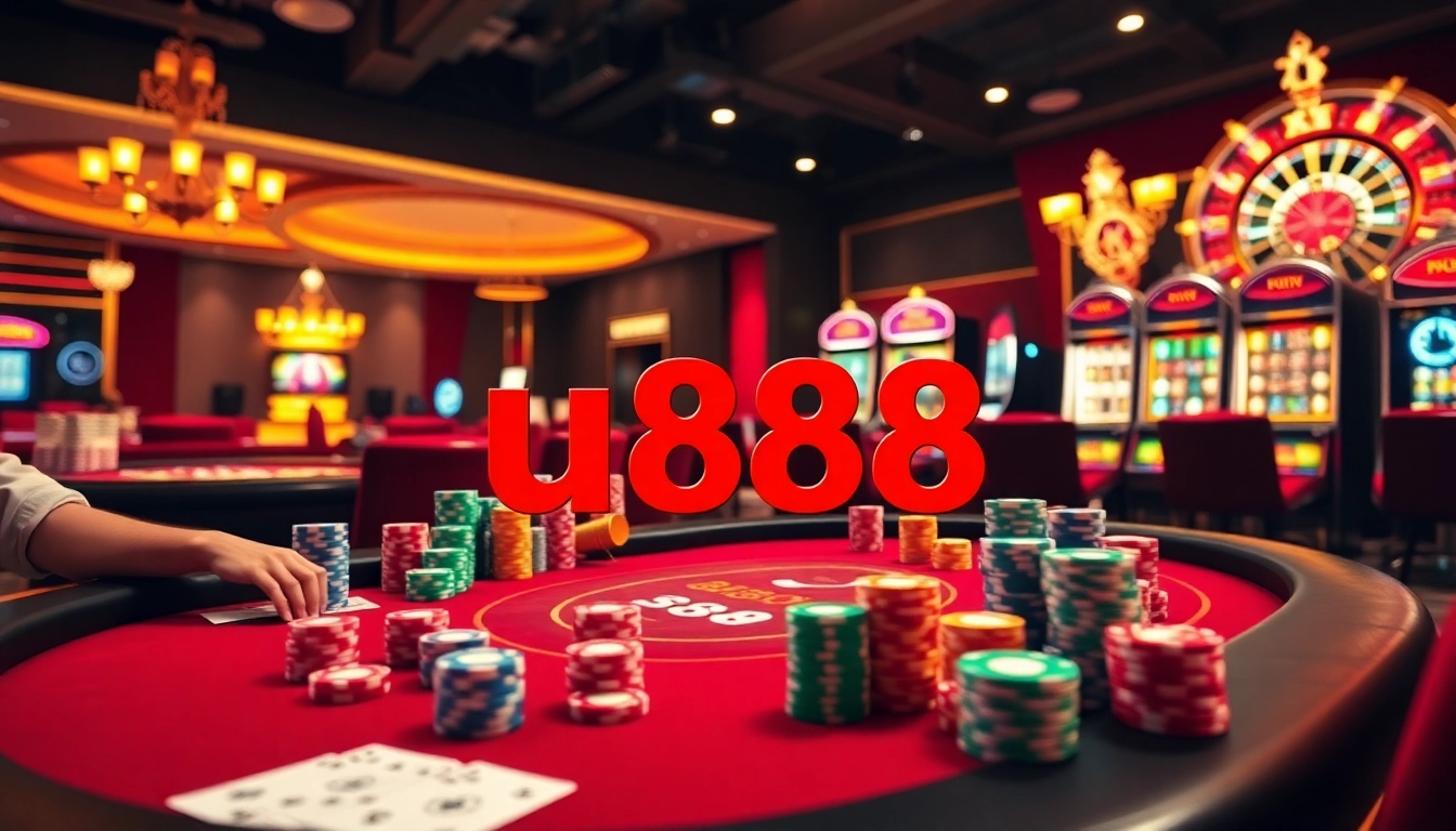 Players enjoying intense poker action at u888 online casino, surrounded by vibrant slot machines and roulette.