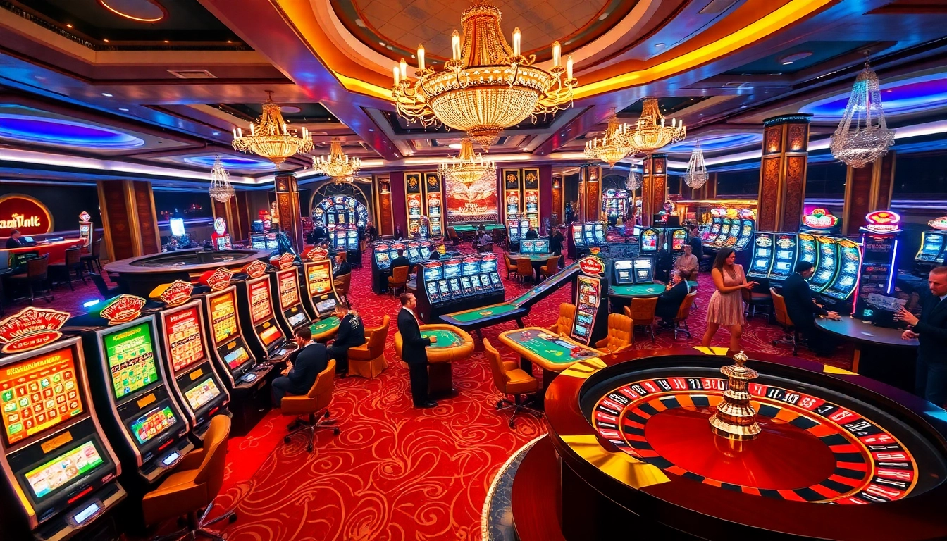 Engaging atmosphere at sites de casino en ligne with players enjoying blackjack, roulette, and vibrant slot machines.
