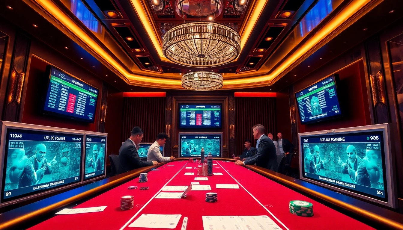 Experience thrilling tỷ lệ cá cược bóng đá in a vibrant casino betting environment with excited gamblers.