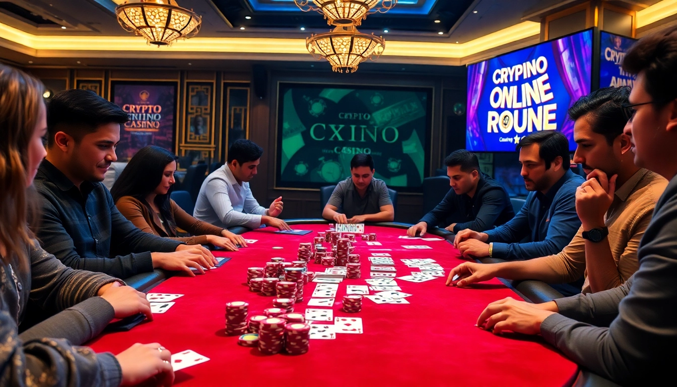 Engage in thrilling games at a crypto online casino with vibrant poker chips and elegant players.