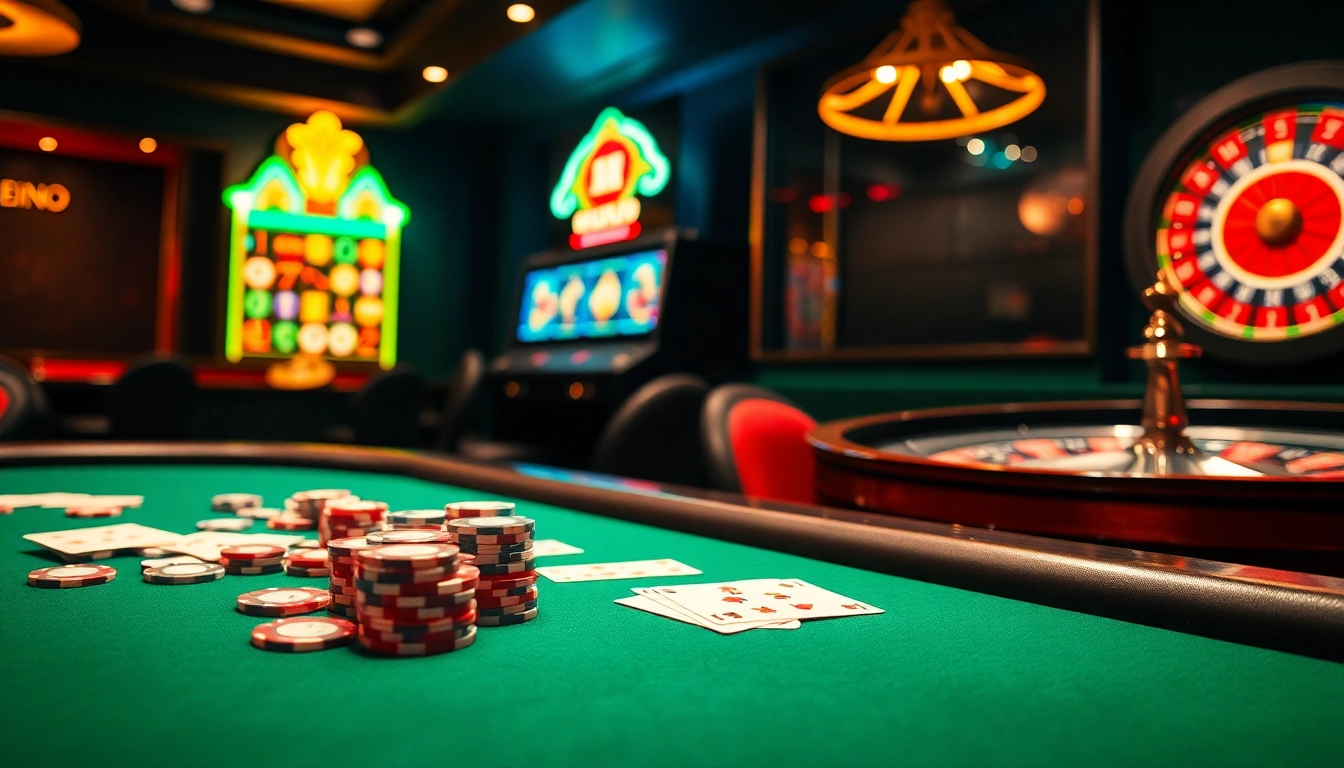 Scènes passionnantes d'un premier casino en ligne Meilleur Site présentant des jeux de poker et des machines à sous dynamiques.