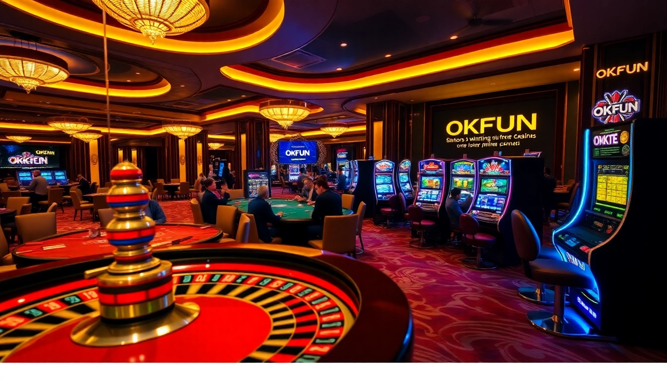 Experience luxury gambling at OKFUN's vibrant casino with poker tables and slot machines.
