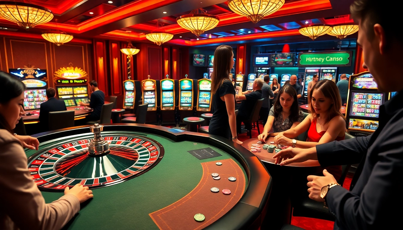 Excited players at https://da88.media/ engaging in poker and roulette in a luxurious casino.