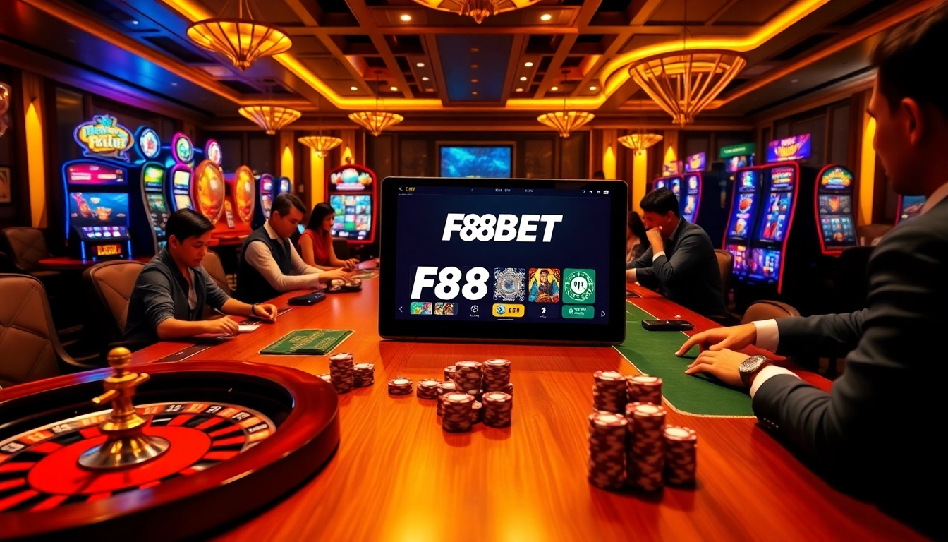 Experience the excitement of F88BET with a luxurious online casino scene featuring vibrant tables and slot machines.