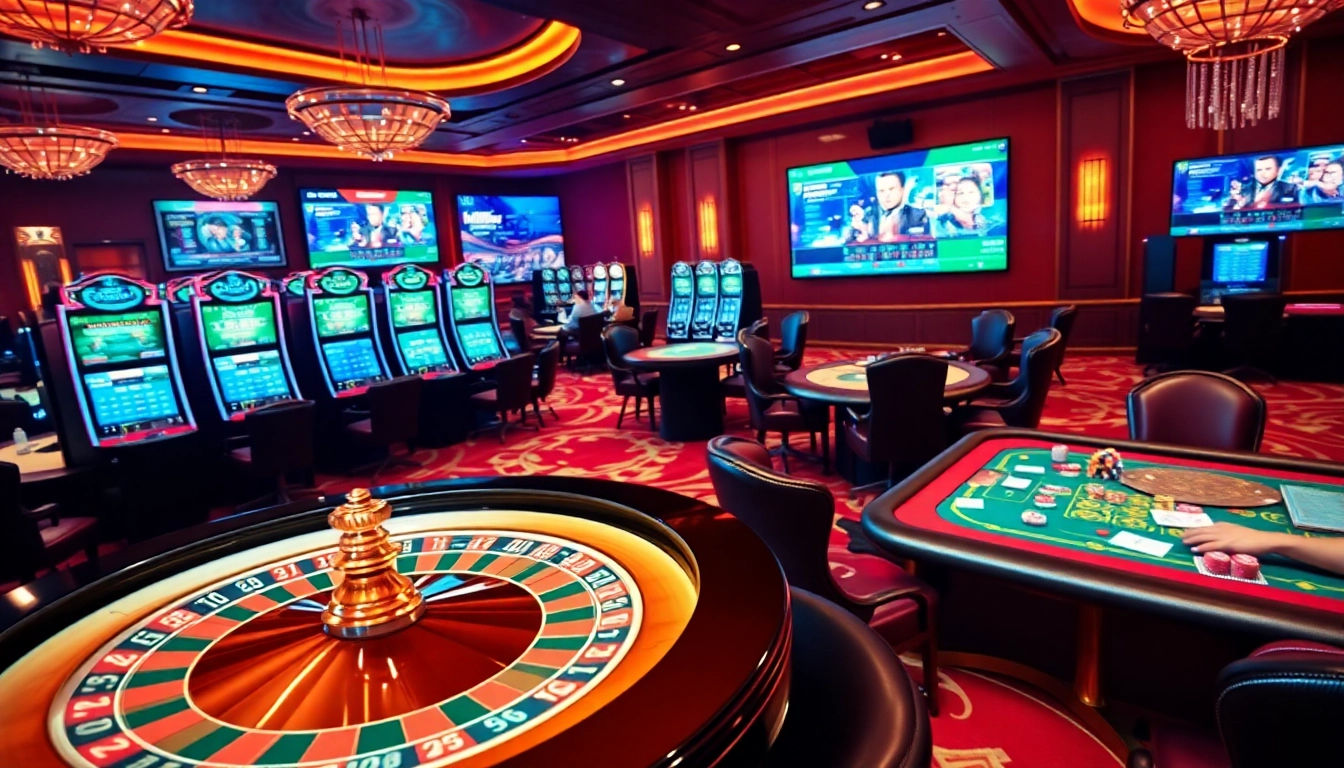 Experience the excitement at https://fly88h.com/ with players enjoying roulette and poker in a luxurious casino setting.
