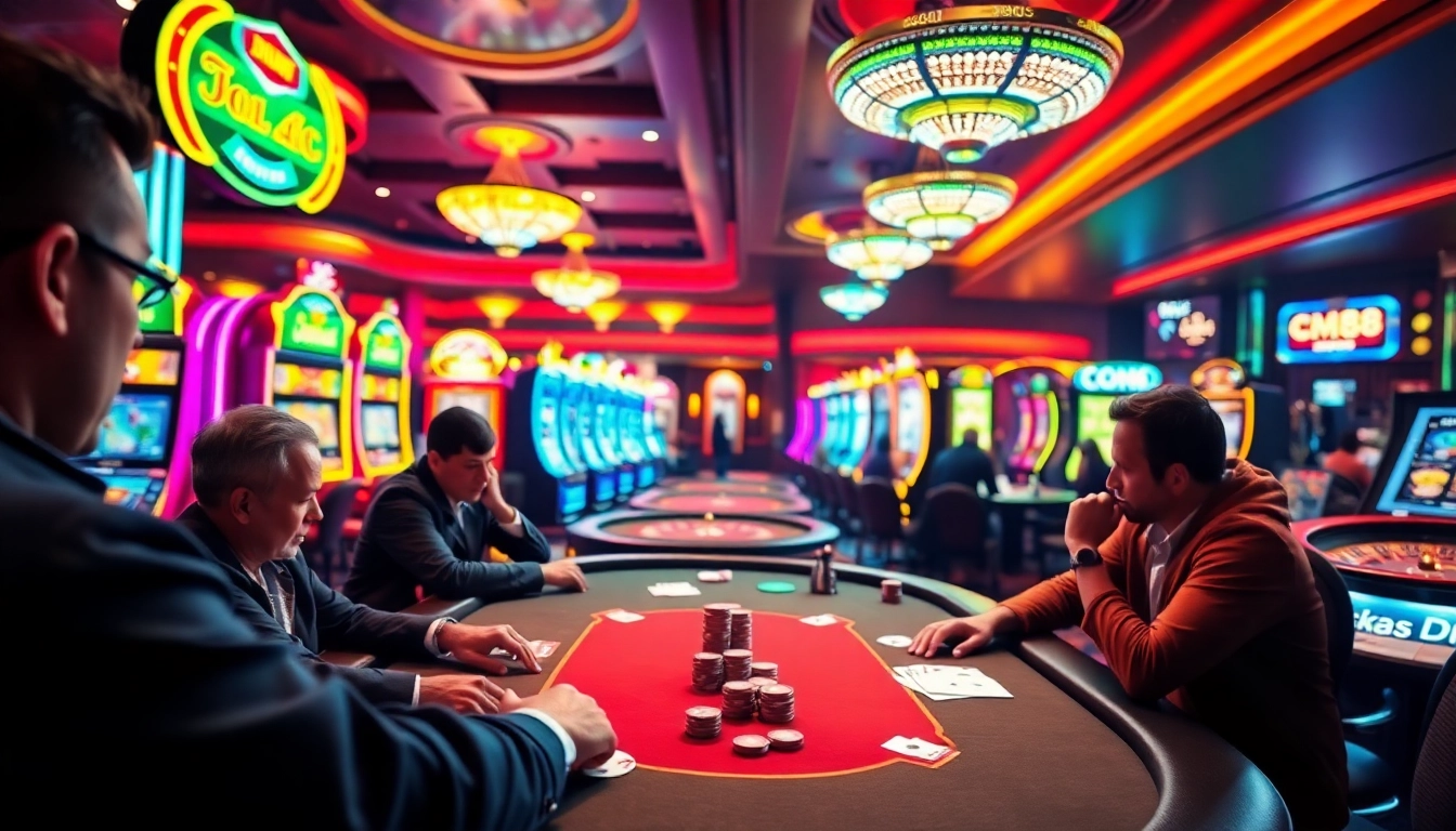 Experience luxury gambling excitement at CM88 with vibrant casino tables and engaged players.