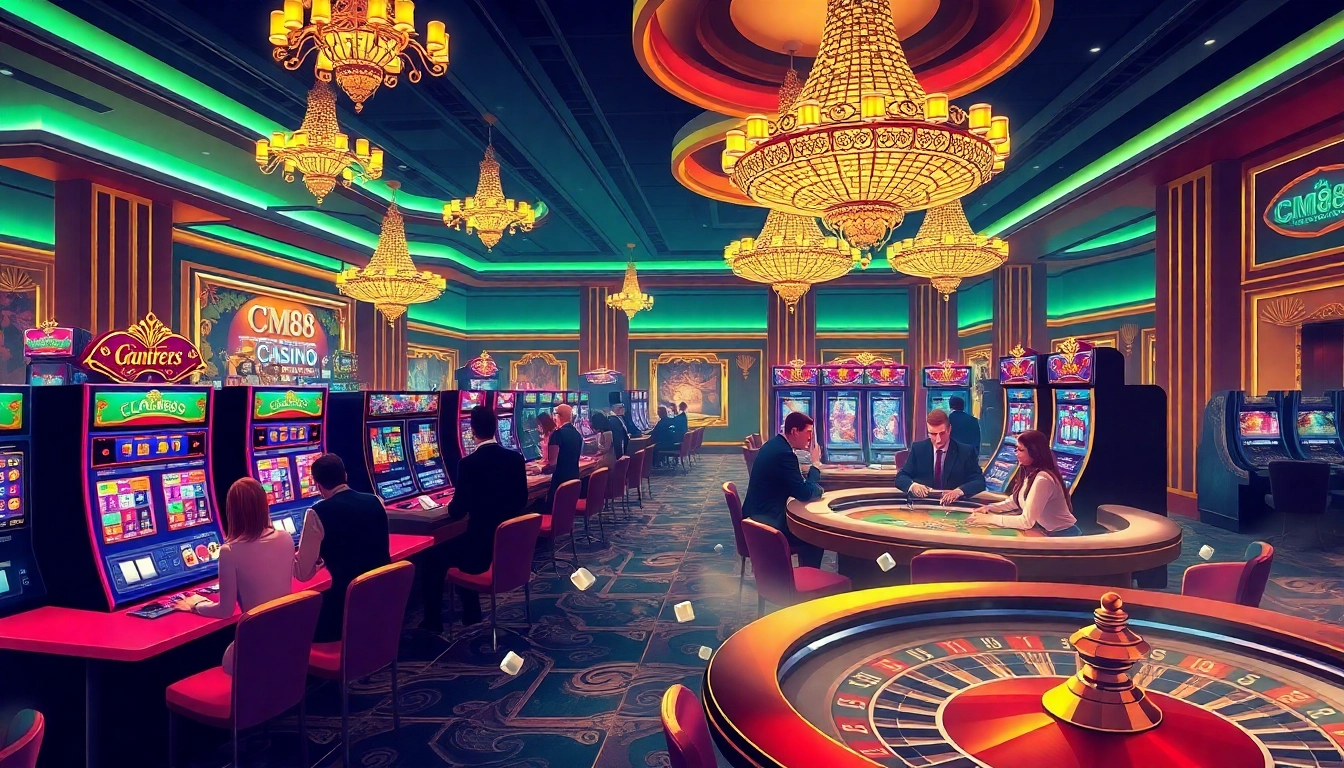 Experience the excitement of CM88 at a luxurious casino with vibrant gaming tables and rich décor.