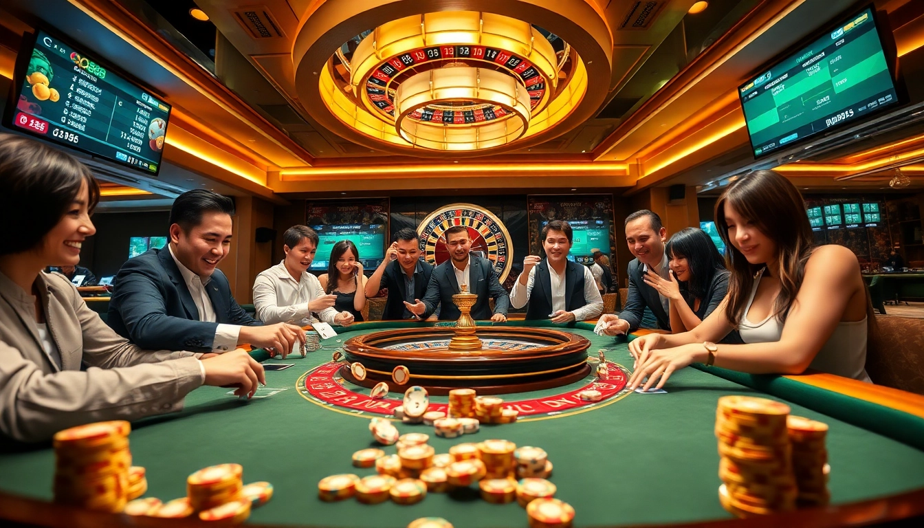 Exciting QQ88 casino gaming scene with players, roulette wheel, and vibrant atmosphere.